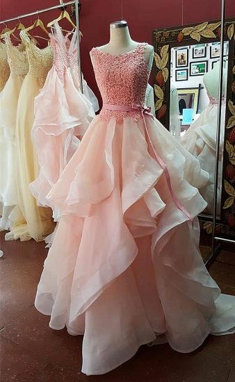 A-Line Pink Lace Tiered 2022 Prom Dress Open Back Sleeveless Bowknot Party Gowns_1