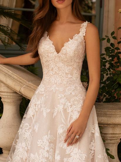 Sleeveless V Neck Tulle Lace Ivory A-Line Wedding Dresses_2