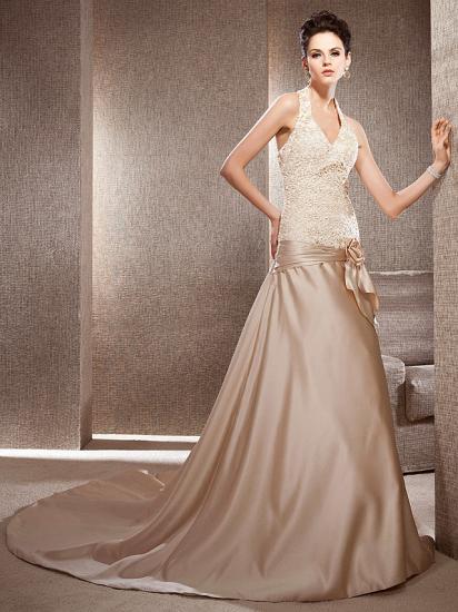 Affordable Princess A-Line Wedding Dress V-neck Lace Satin Sleeveless Bridal Gowns in Color with Chapel Train_7