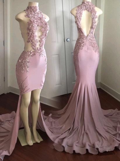Modest High Neck Lace Appliques Prom Dress | Front Split Prom Dress_1