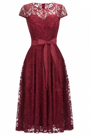 Burgundy Lace Short Sleeves A-line Dresses with Bow_2