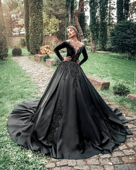 Gorgeous Black Long Sleeves A-line Wedding Dress Lace Appliques_3
