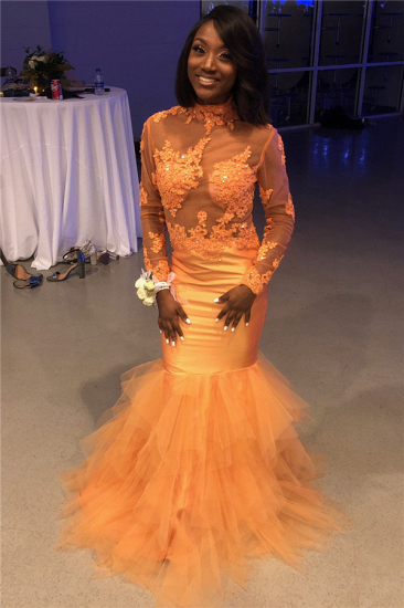 Long Sleeve Lace Appliques Orange Prom Dress Cheap | Mermaid Tullw Sheer Tulle Prom Dress Online