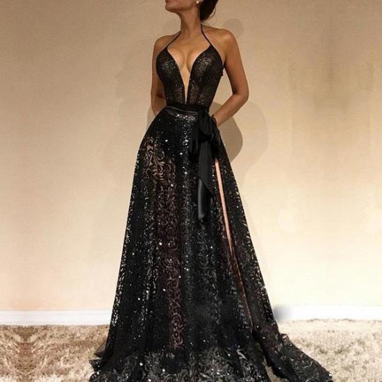 Sexy Black Lace Sleeveless Evening Dresses 2022 | Side Slit Halter Cheap Prom Dresses_3
