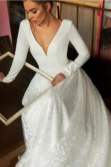 Elegantes weißes Spitzen-Hochzeitskleid mit V-Ausschnitt Boho Langarm-Applikationen Brautkleider_5