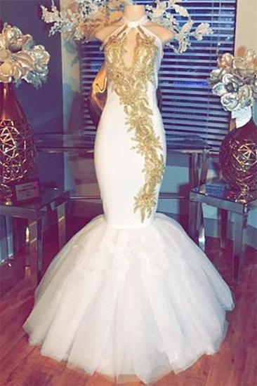 Halter Gold Beads Mermaid Prom Dresses | Sleeveless White Evening Gown With Appliques_4