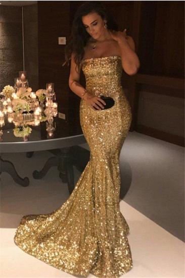 Sparkle Gold Sequins Mermaid Evening Gowns Sexy Strapless Prom Dresses FB0164_1