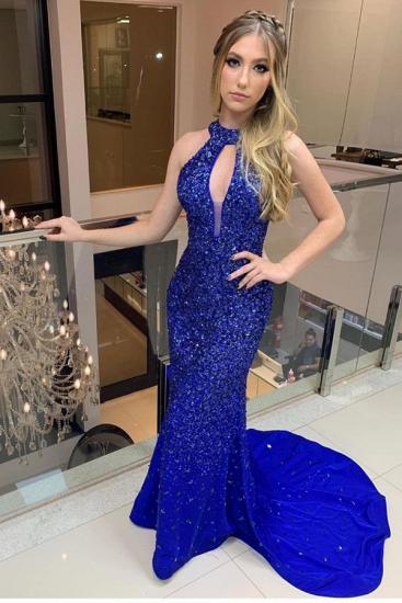 Fully covered Beads Halter Sexy Keyhole Open back Yoyal Blue Prom Dress with Court Train