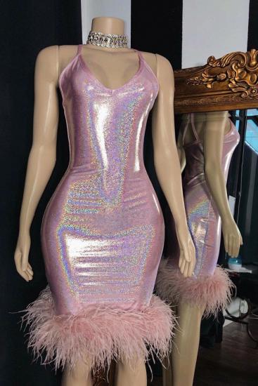 Radiant Mermaid V-neck Sleeveless Homecoming Dresses with Furs_1