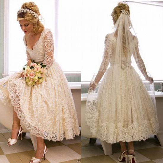 A-Line V-Neck 3/4 Long Sleeve Lace Wedding Dress New Arrival Tea Length Plus Size Bridal Gown_1