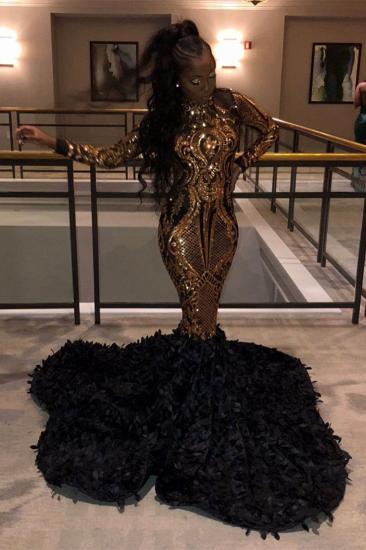 Golden Metallic Sequined Black High neck Mermaid Prom Dress with Fur