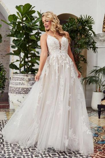 Romantic Deep V Neck Backless Tulle Lace A-Line Wedding Dress