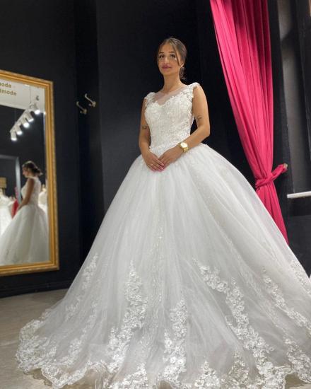 Sleeveless White Lace Tulle Princeess Bridal Gown_3