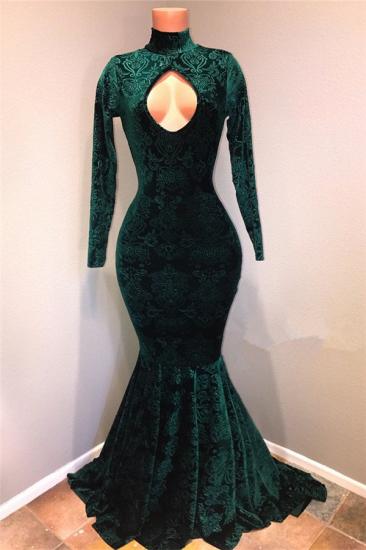 Dark Green 2022 Lace High Neck Prom Dresses | Sexy Keyhole Long Sleeves Mermaid Evening Gowns_1