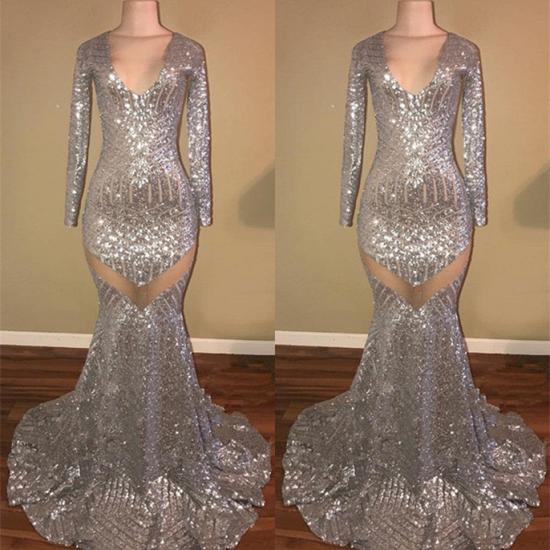 Long Sleeve Sequins Prom Dress | Mermaid V-Neck Evening Gowns_3