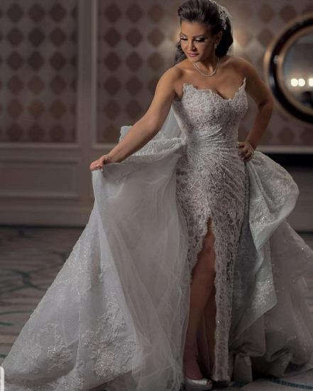 Sexy Sweetheart Sleeveless Mermaid Bridal Dress with Ruffle Layers of Lace Tulle Train_3