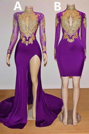 Gold Beads Appliques Long Sleeve Purple Prom Dresses on Mannequins Cheap 2022