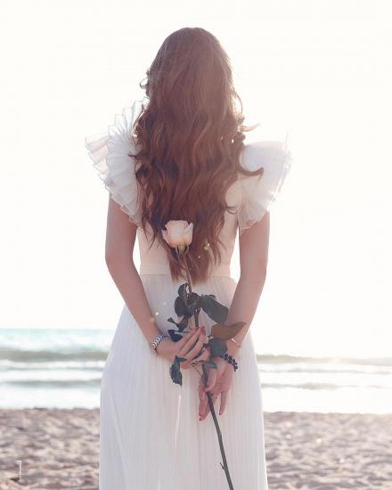 White Chiffon Ruffles Sleeves V-neck Summer Beach Wedding Dress_7