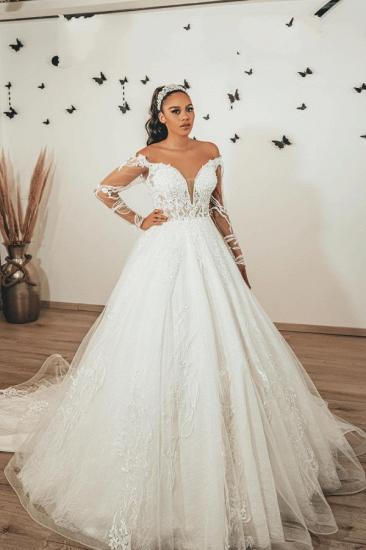 Glamorous Off Shoulder Long Sleeves Long Bridal Dress Tulle Lace Wedding Dress
