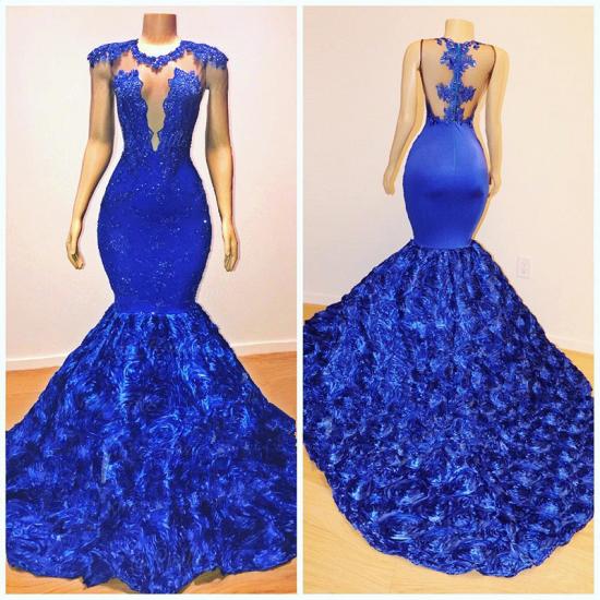 Royal-Blue Flowers Mermaid Long Evening Gowns | Glamorous Sleeveless With lace Appliques Prom Dresses_4
