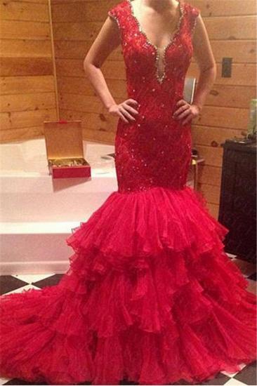Beadings V-Neck Mermaid Sleeveless Red Tiered Prom Dress_1