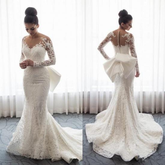 Chic Long Sleeve Mermaid Lace Wedding Dress With Detachable Train_3