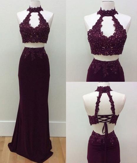 Keyhole High Neck Formal Dress 2022  Lace-Up Sheath Lace Beading Two Piece Prom Dresses_2