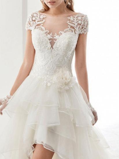 Vintage Asymmetrical A-Line Wedding Dress Jewel Lace Organza Short Sleeve Sexy Bridal Gowns Sweep Train_2
