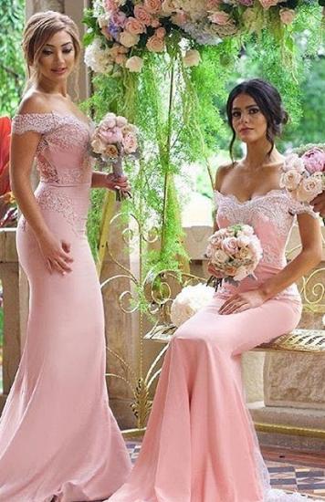 Elegant Blushing-Pink Off-the-Shoulder Lace-Appliques Long Bridesmaid Dresses