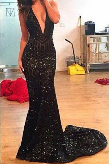 Sexy Plunging Neck Black Evening Dress Hlter Backless Sequins Party Gown