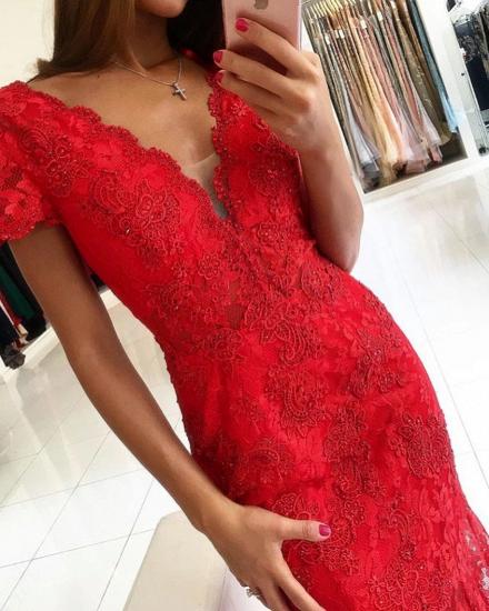 Short Sleeves Mermaid Evening Dress Backless Red Party Dress with Lace Apliques_2