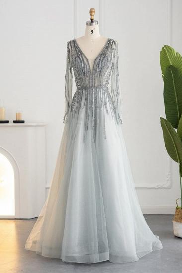 Elegant Sequins Beading A-line Eveing Party Dress V-neck Long Sleeves Tulle Party Gown_13
