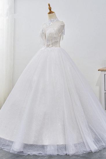 TsClothzone Luxus-Ballkleid, hochgeschlossenes Tüll-Hochzeitskleid, funkelnde Pailletten, ärmellose Applikationen, Brautkleider mit Quasten_4