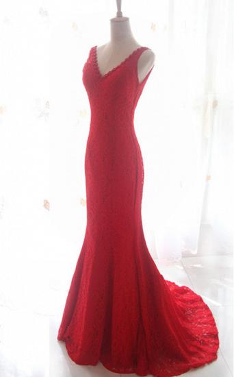 Long Mermaid V-Neck Lace Red Evening Dresses Sweep Train Popular Cheap Party Dresses for Special Occassion_1