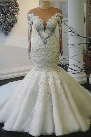 Mermaid Wedding Dresses with Trendy Overskirt | Beads Lace Appliques Long Sleeve Bridal Gowns_1