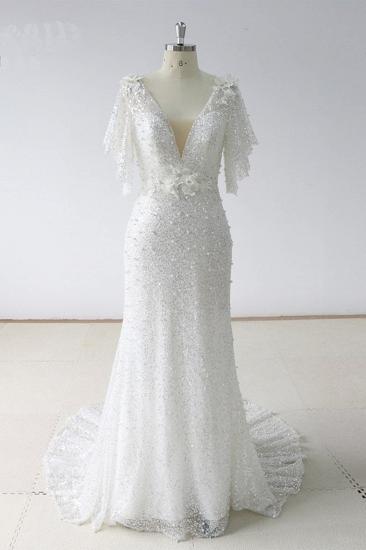 TsClothzone Elegant Stunning Sequins White Tulle Wedding Dress Sweep Train Mermaid Short Sleeve Bridal Gowns On Sale