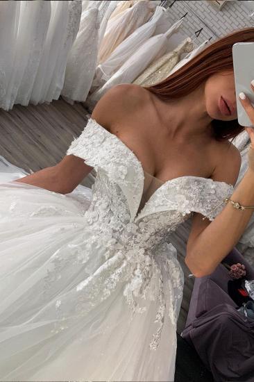 Gorgeous Off Shoulder White/Ivory Floral Lace Bridal Gown Spring Ball Gown_2
