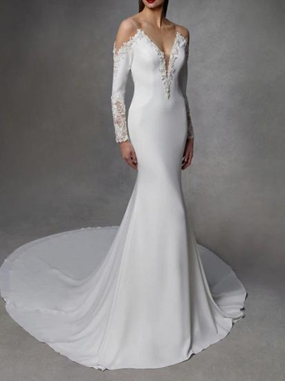 Mermaid Wedding Dress V-Neck Stretch Satin Lace Long Sleeve Bridal Gowns Court Train_1