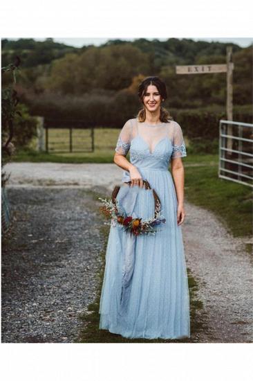 Blaues, plissiertes Brautjungfernkleid mit Schlingen- und Bodenspitze_3