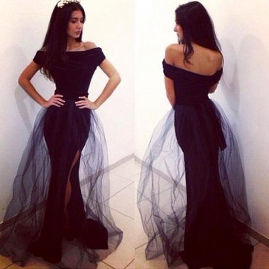 Schulterfreies, schwarzes, sexy Partykleid, seitlich geteiltes, langes Abendkleid aus Tüll