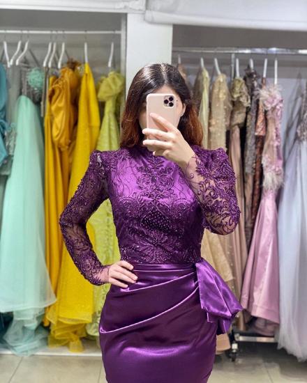 Soft Floral Lace Appliquéd Long Sleeve Purple Mermaid Evening Dress_2