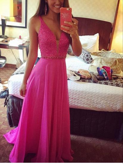 New Arrival Fushia Crystal Prom Dress Sweep Train A-Line Sleeveless Evening Gowns