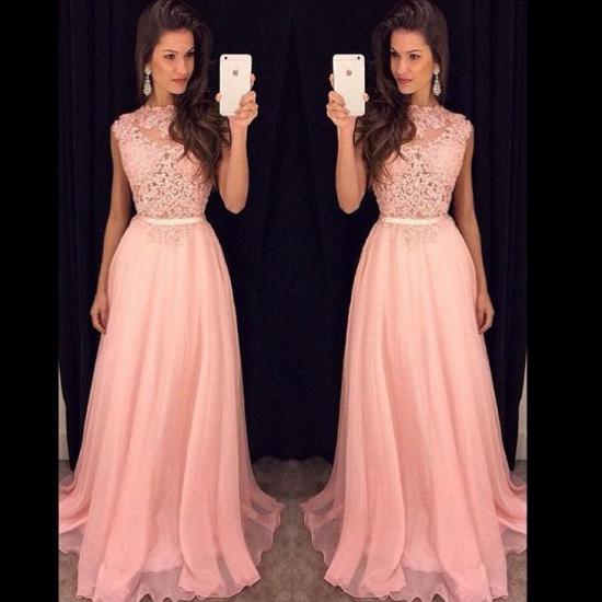 Simple Pink Sheer Lace with Sash Sleeveless Long Prom Dresses_2