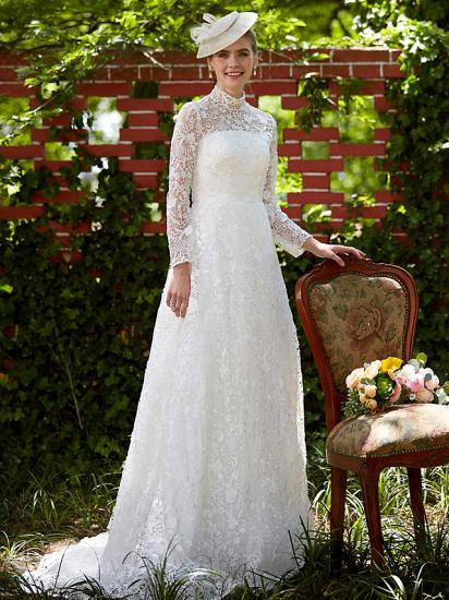 Illusion A-Line Wedding Dress Floral Lace Long Sleeve Bridal Gowns Court Train_6