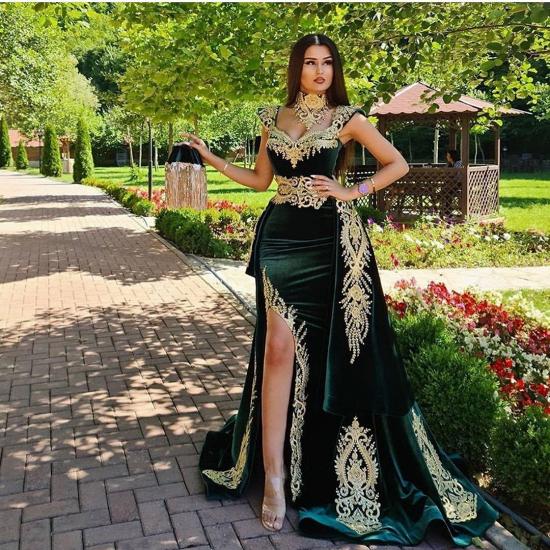 Dark Green Velvet Mermaid Evening Dress with Gold Lace appliques_3