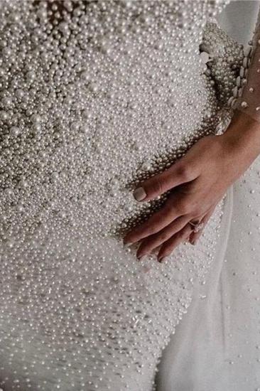 Elfenbein, lange Ärmel, abnehmbarer Zug, V-Ausschnitt, Knopf-Hochzeitskleid mit vollständig bedeckten Perlen_6