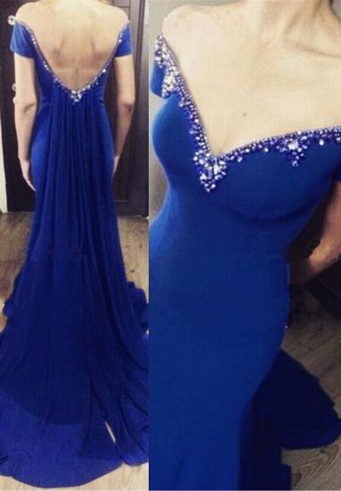 Royal-Blue Mermaid Off-the-Shoulder Open-Back Crystal Sexy Prom Dress