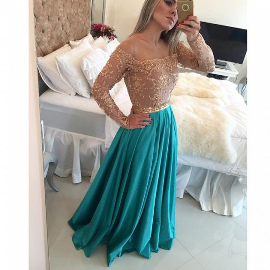Gorgeous Lace Long Sleeve Evening Gown A-Line Satin Natural Prom Dresses_3