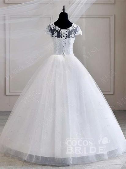Short Sleeves Sweetheart Tulle White Lace Appliques Ball Gown Wedding Dresses_2