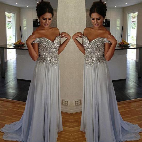 Off The Shoulder Silver Beaded Sequins Evening Dress Chiffon A-line 2022 Prom Dresses_2
